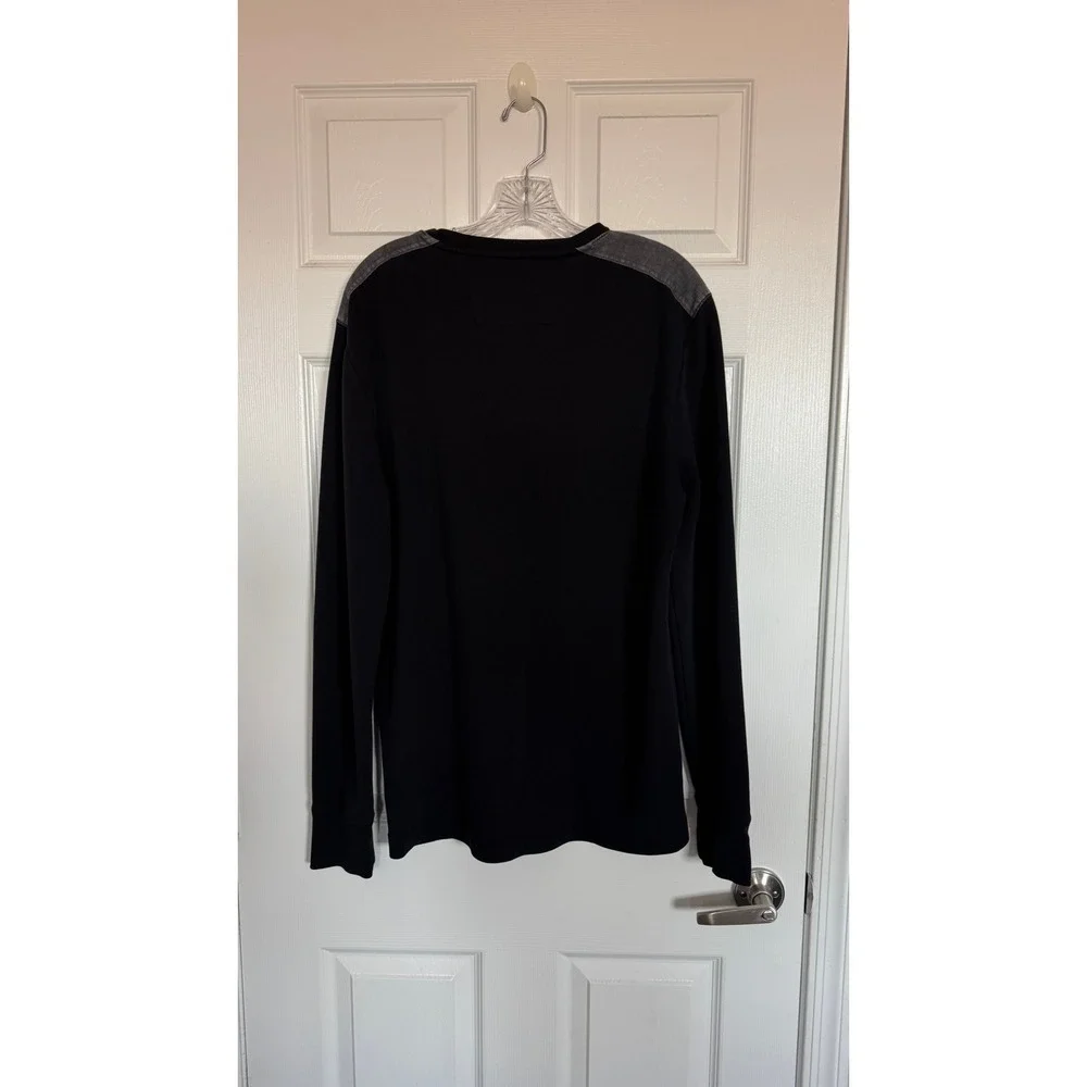 Banana Republic Mens Black Waffle Knit Henley Long Sleeve Grey Shoulder Patch L